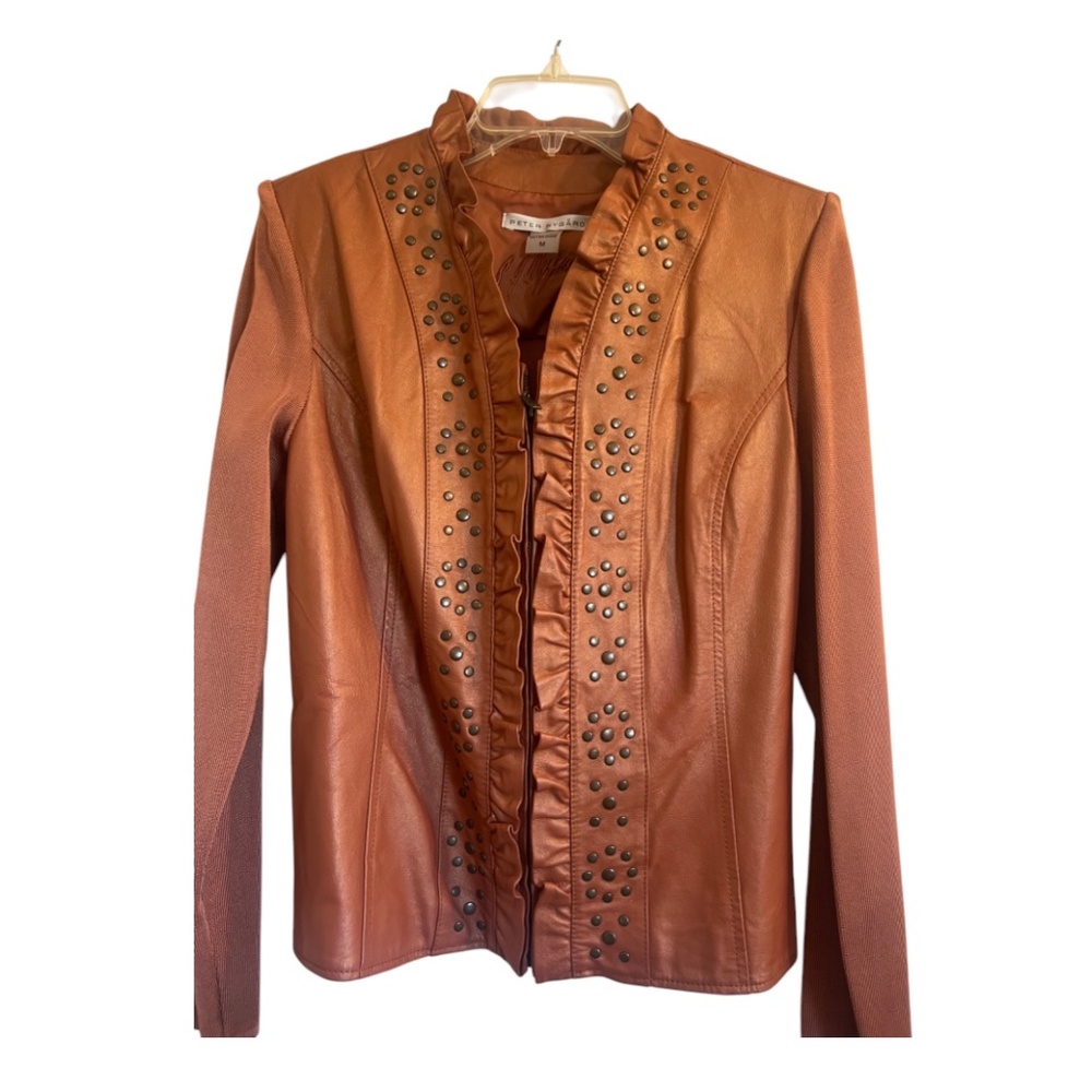 Peter Nygard Leather Jacket Cardigan Orange Medium M studds stretch Zipper